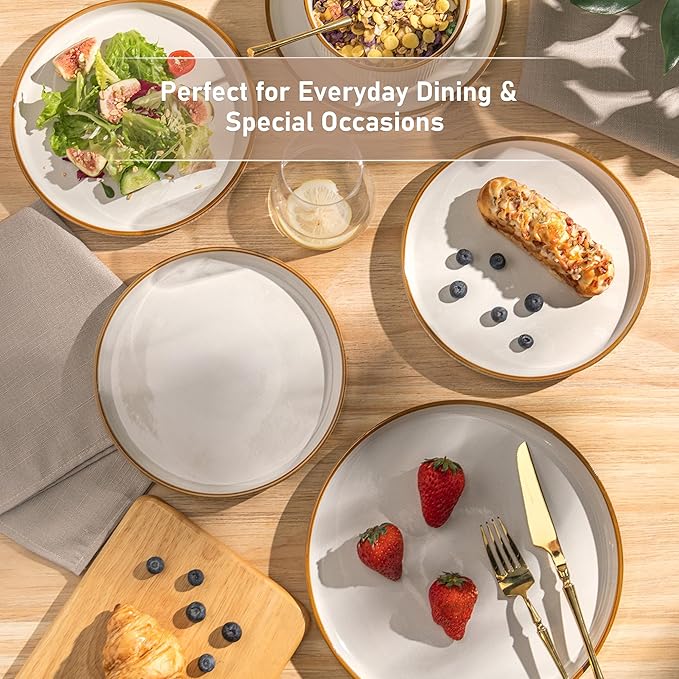 GBHOME 12-Piece Stoneware Dinnerware Set for 4 – Ribbed Ceramic Plates and Bowls, Scratch-Resistant, Microwave & Dishwasher Safe, Reactive Glaze, White with Honey-Brown Edge