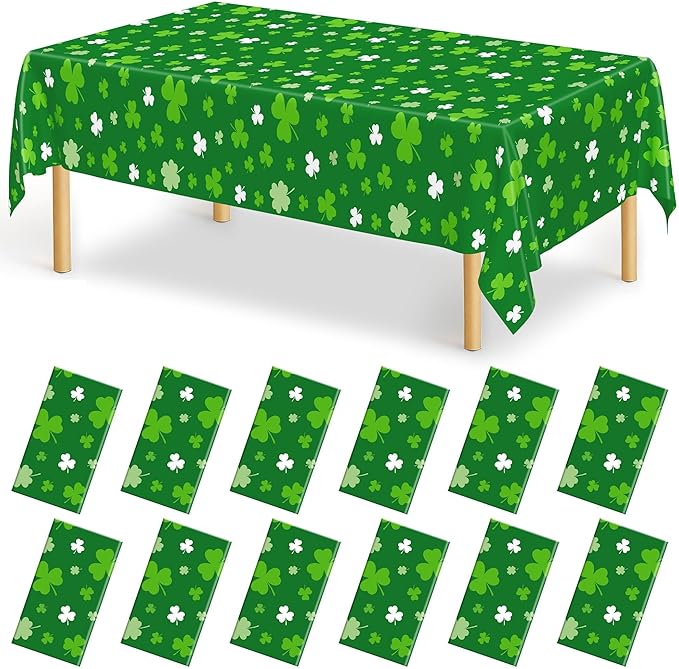 12 PCS St Patricks Day Tablecloth, Disposable 108" X 54" Shamrock Green Plastic Tablecloths, Lucky Shamrock Decor St Patricks Day Decorations for Table, Rectangle Irish Table Cover for Green Party
