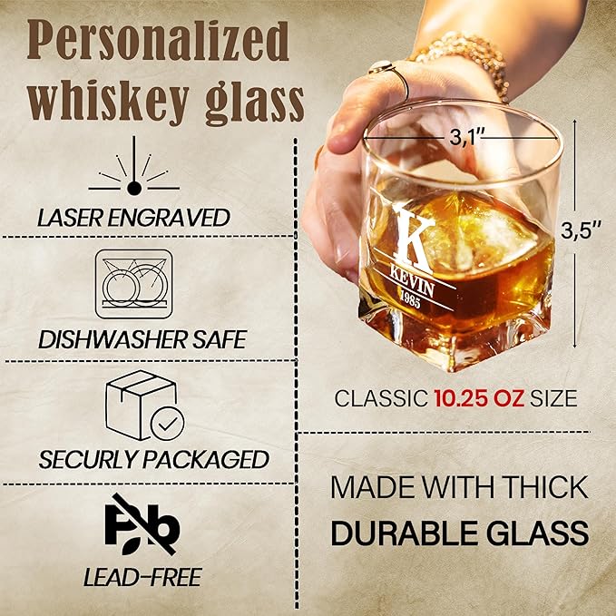 Personalized Engraved Whiskey Glass 10.25 oz – Etched Bourbon Glass with Heavy Base, Old Fashioned Cocktail Glass, Groomsmen & Father’s Day Gift design (Whiskey Design 4)