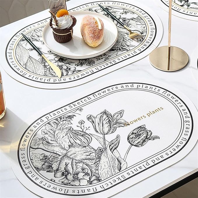 Nordic Leather Placemat Black and White Floral Pattern Waterproof Oilproof Heat Plate Bowl Mat Dinning Table Decor(D)