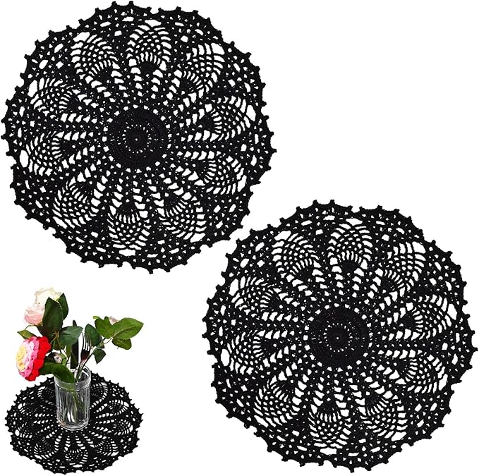 BIBITIME 2pcs 11 inches to 12 inches Lace Doilies Crochet Handmade Lace Coasters Round Placemat Rustic Table Doilies Decors for Kitchen Dining Room Party Dressers Black