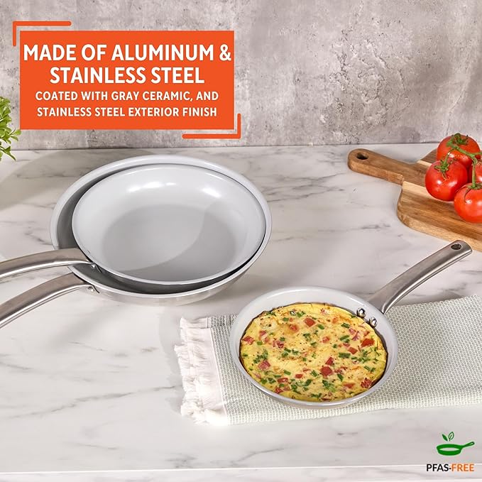 IMUSA 3-Piece Fry Pan Set 8”, 10” & 12” | Ceramic Nonstick Stainless Steel Induction Cookware | Aluminum Skillet Set for Frying, Sautéing & Stir Fry | Oven Safe Cookware with Comfortable Handles