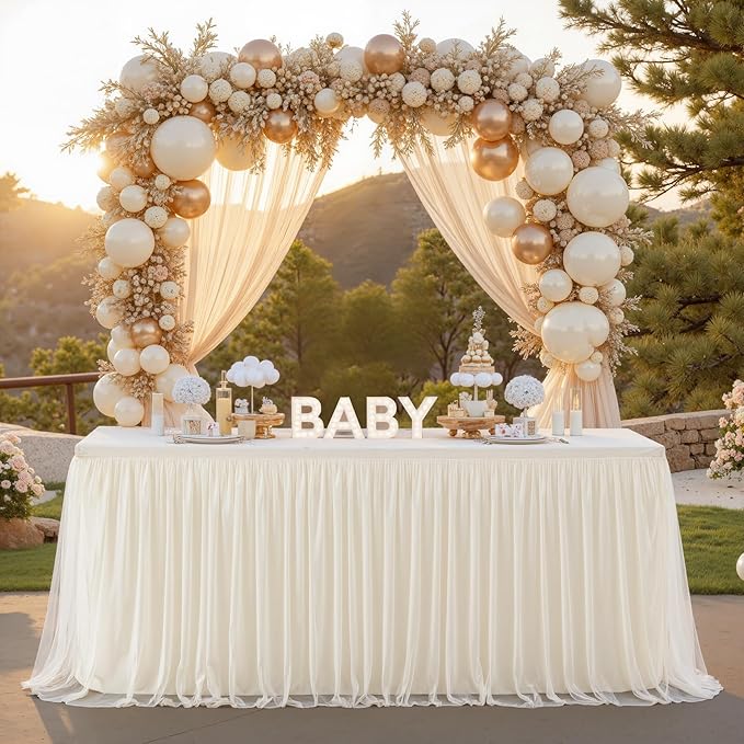 Suppromo Ivory Tulle Tablecloth for 8 Foot Rectangular Table 8ft Ivory Rectangle Table Cloth Wrinkle Free Tablecover with Tutu Skirt for Wedding Birthday Party Bridal Shower Banquet Buffet Cake Event