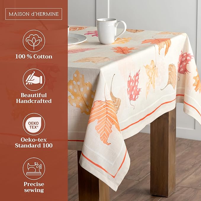 Maison d' Hermine Table Cloth Rectangle Table 100% Cotton 70 x 108 Inches Fall Tablecloth Reusable Everyday Use for Thanksgiving Christmas Decorations Dining Farmhouse Party (Colours of Autumn)