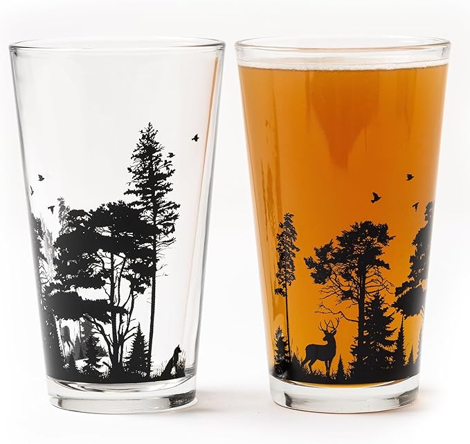 Black Lantern Forest Animal Pint Glass Set of 2 – 16 oz Beer Glasses with Wraparound Wildlife Silhouette Print – Heavy Base Craft Beer Barware