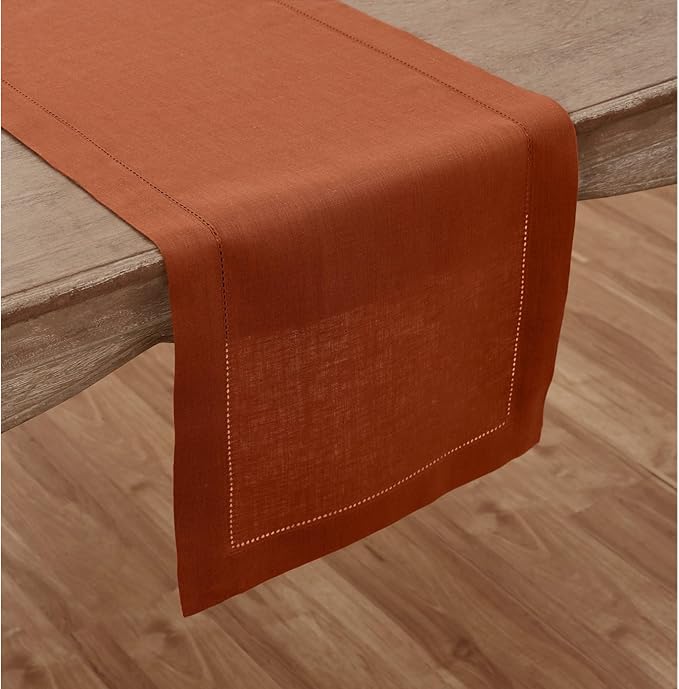 Solino Home Linen Table Runner 108 Inches Long - 100% Pure Linen Cinnamon Table Runner 14 x 108 Inch - Classic Hemstitch