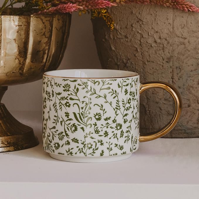 Sweet Water Decor Green Ditsy Coffee Mug, Vintage Green Floral Design with Gold Handle & Rim, 14oz Fine Bone China Tea Cup, Cottage Core Spring Collection, Cute Gifts for Mother's Day & Birthday