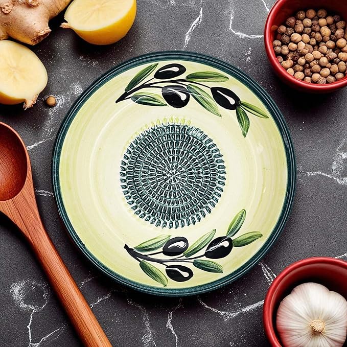 Ceramic Grater Bowl, Garlice Grater Plate, Handmade Ginger Grater, Mincer Bowl for Cheese &Vegetables, Ceramic Decorative Mincer, Hand Dish for Garlic (Sunny Olives)
