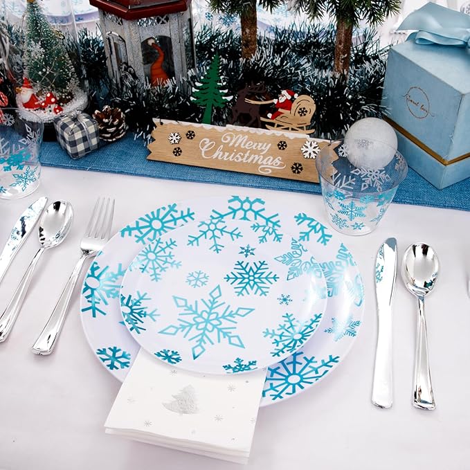 WDF 175Pcs Christmas Plates and Napkins Disposable Dinnerware Set for 25 Guests, White Blue Plates with Silverware, White Snowflake Cups and Festive Holiday Napkins Perfect for Christmas Winter