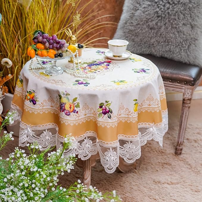 SUTAVIA Lace Embroidered Round Table Cloth Farmhouse TableCover Classic Lemon Fruit Decor Macrame Tablecloth for Coffee Table(Yellow, 45 inch Round)