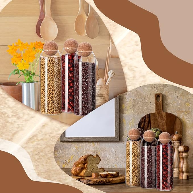 3 Pcs Glass Jar with Ball Cork Lid Decorative Round Bottle Sealed Canister Jar Storage Container Organizer with Airtight Seal Wooden Lid for Food Coffee Bean Candy Biscuits Spice(1300 ML/ 44 Oz)