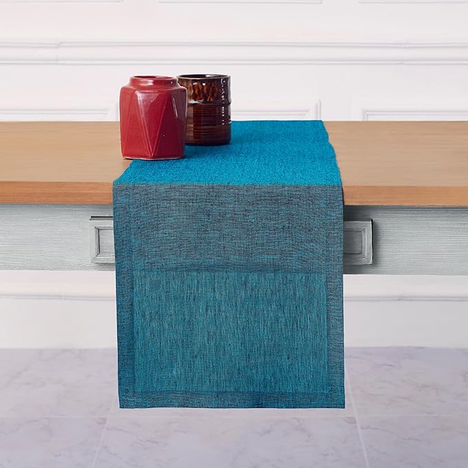 Solino Home Linen Table Runner 72 Inches Long - Athena, 100% Pure Linen Chambray Teal Dining Table Runner 14 x 72 Inch for Spring, Easter, St Patricks Day - Handcrafted and Machine Washable