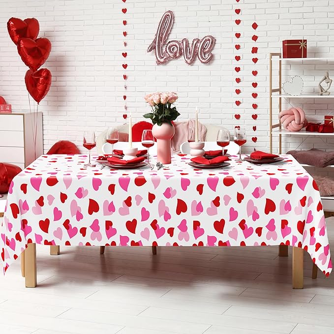 12 Pack Valentines Plastic Tablecloth, 54" x 108" Valentines Decorations, Heart Disposable Red Pink Valentine's Tablecloths Love Party Favors, Love Decorations Table Decor for Birthday Party Supplies