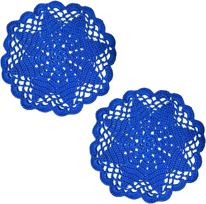 BIBITIME Handmade Crochet Round Lace Doilies Kitchen Table Placemats Wedding Tea Flower Vase Cup Mats (Blue, 6" to 7",Pack of 2PCS)
