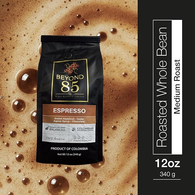 BEYOND 85 COFFEE, Espresso, Premium Colombian Coffee, Medium Roast, Fruity, Nutty & Chocolatey Notes, Whole Bean, 12 OZ