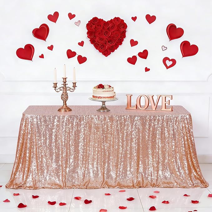 Eternal Beauty Rose Gold Tablecloth, 60x102 Inch Sequin Rectangle Table Cover for Valentines Cake Dessert Exhibition Party Birthday Events
