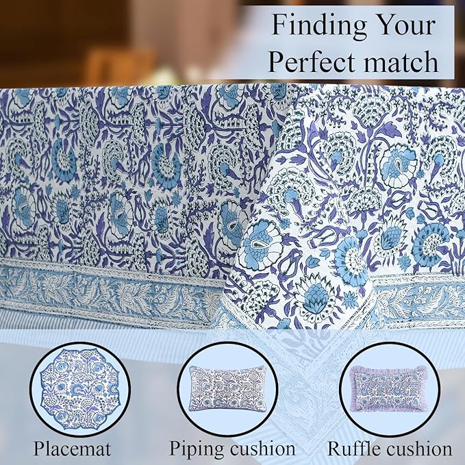 CPC Tablecloth 100% Cotton 72x140 Inch Indian Block Print Rectangle Table Cover, Blue Table Cloth for Weddings, Spring/Summer, Barbeque - Indigo Blue