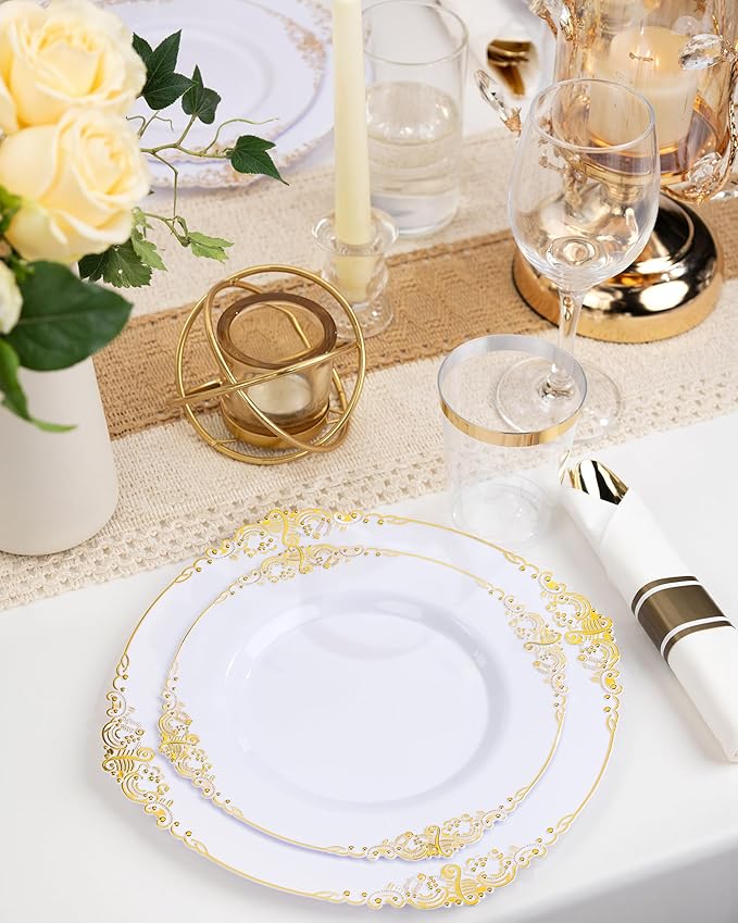 Nervure 175PCS Gold Plastic Plates - Disposable White Gold Party Plates & Pre Rolled Napkins with Cutlery for 25 Guests, 50Plates, 75Silverware, 25Cups, 25Napkin for Wedding & Party