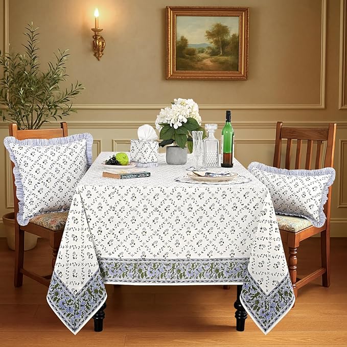 Ridhi Hand Block Print Powder Blue Rectangle Cotton Tablecloth 140" x 72" Reusable Table Cover Decorative Everyday Use for Dining, Farmhouse, Home Gift for Spring, Easter, Valentine