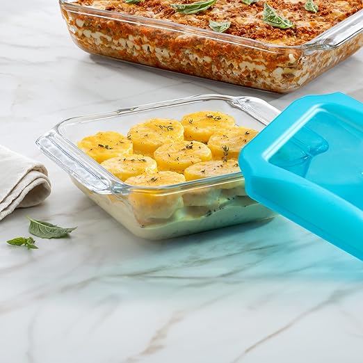 Libbey Baker’s Premium 8x8 Inch Glass Baking Dish Set of 2 with Lids, Stackable Bakeware with GreatGrip Handles, Durable Covered Square Dishes