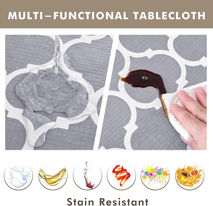 Nasitos 2 Pack Plastic Vinyl Tablecloth with Flannel Backed 60x120 Inch Moroccan Grey