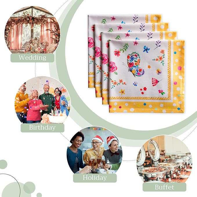 Maison d' Hermine Cloth Napkins Set of 4 100% Cotton Everyday Reusable Square Napkins Cloth Washable Dinner Wedding Valentines Day Decorations Spring/Summer (Happy Florals - Sweety, 20" x 20")