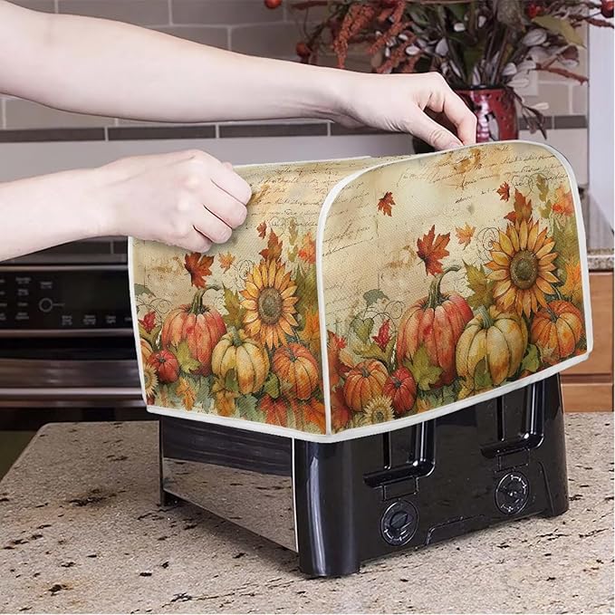 Doojoayie Fall Theme Toaster Cover Small Appliance Cover 2 Slice Dustproof Toaster Machine Protection for Most Standard Toasters, Flower Pumpkin Print