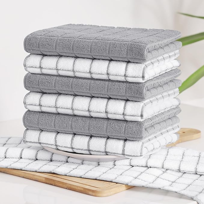 Homaxy Premium Cotton Kitchen Towels 16"x 28", Large Natural Ring Spun 390 GSM Dish Towels, Super Absorbent Terry Kitchen Hand Towels, Soft Tea Towels with Hanging Loop, Light Grey Check, 6 Pack