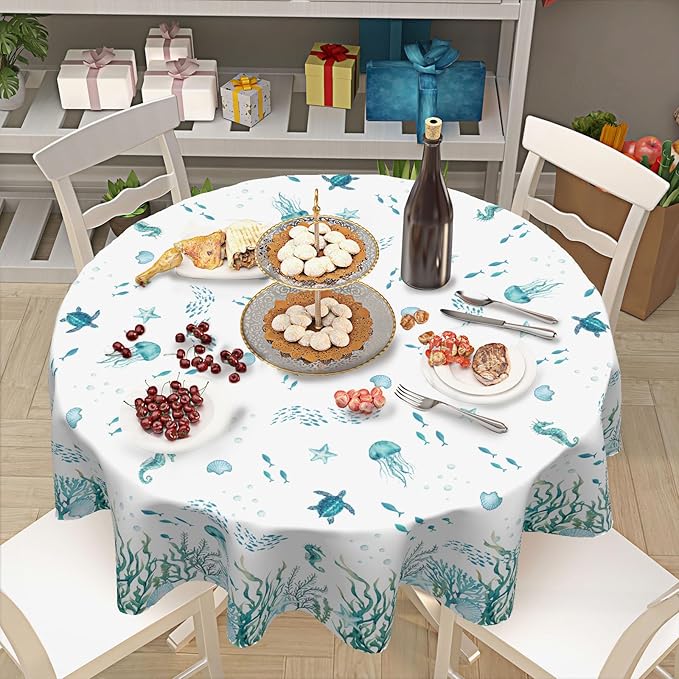 Summer Coastal Round Tablecloth 70 Inch Nautical Sea Turtle Seaweed Jellyfish Polyester Table Cloth Rustic Farmhouse Beach Theme Table Cover for Kitchen Dinner Party Decor