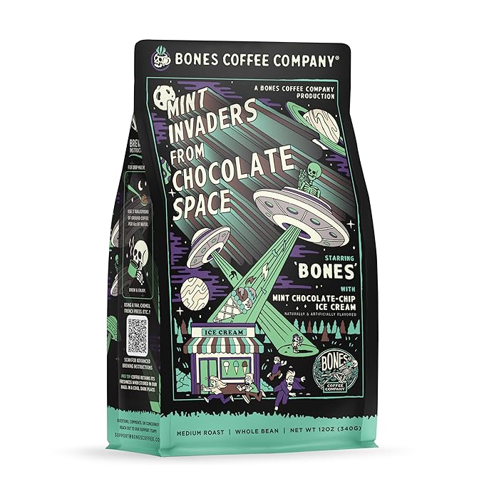 Bones Coffee Company Mint Invaders, Mint Chocolate Chip Flavored Coffee, Medium Roast Low Acid Arabica Beans Compatible with Auto drip and French Press Coffee Maker, 12 Oz Whole Bean