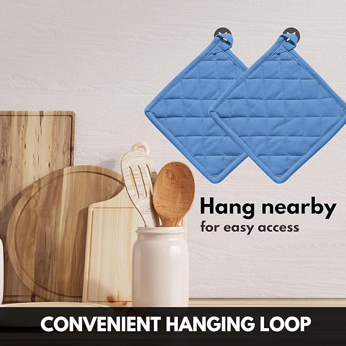 Oven Mitt + Pot Holder 100% Cotton Heat Resistant Kitchen Oven Gloves (7"x13") & Hot Pads (8"x8") for Gifts, Chef, Women & Men - Blue