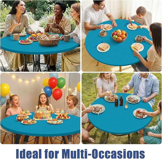 Round Spandex Tablecloth, Elastic Fitted Waterproof Tablecloths for 36"-44" Tables, Stretch Washable Picnic Table Cover for Camping, Dining, Indoor and Outdoor, Turquoise
