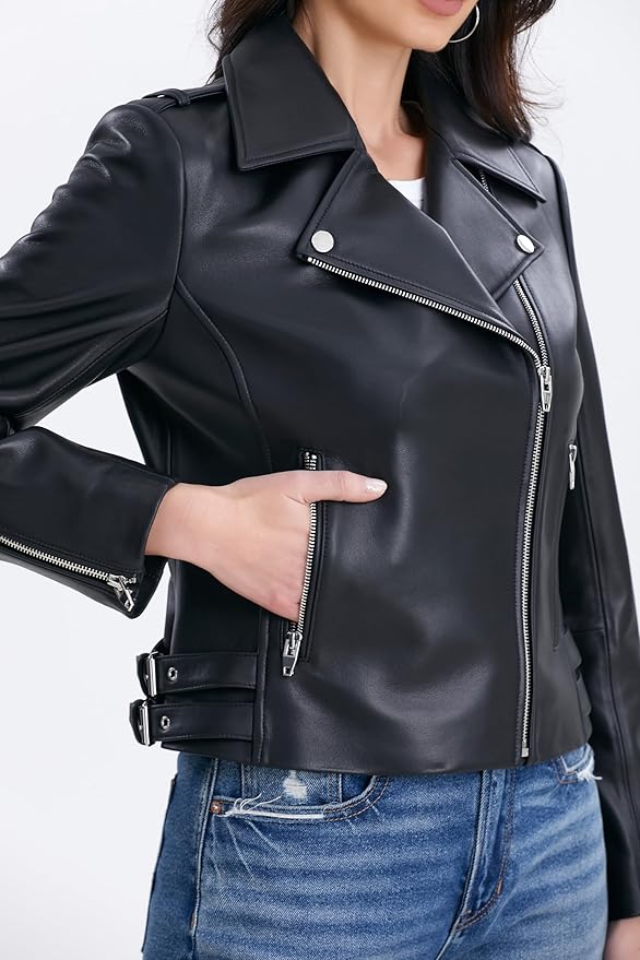 SILVER FASHIONS Lambskin Leather Jacket Women,Motorcycle Jacket,Asymmetrical Zip Style,Buckle Belts,Quilted Details