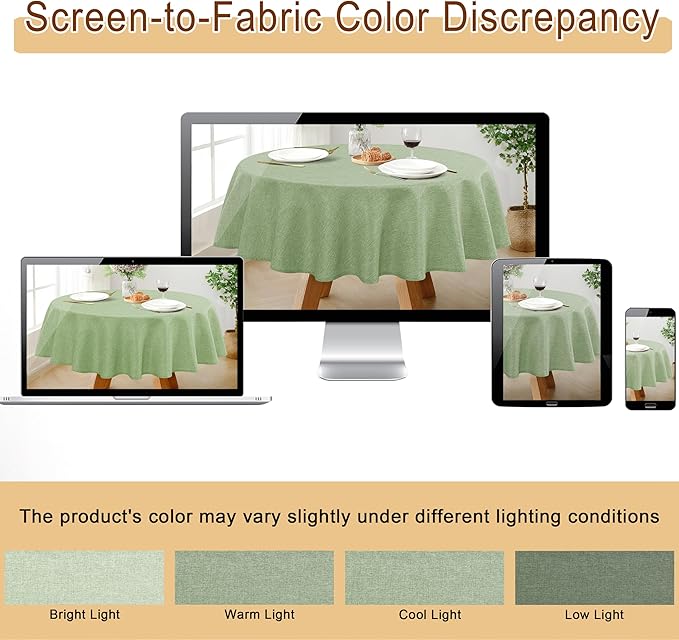 JIUZHEN Round Table Cloth Faux Linen Farmhouse Tablecloth Wrinkle and Stain Resistant Decorative Fabric Table Cover for Kitchen, Dining Room, Parties and Camping, Sage Green, 70 Inch Round
