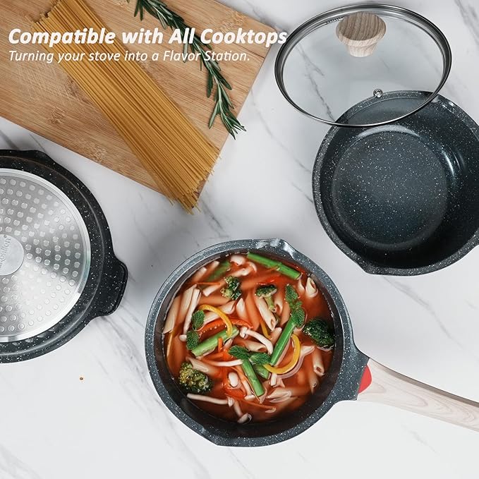 Ceramic Nonstick Saucepan Set 2QT,3QT and 4QT, Cast Aluminum Cooking Pots with Side Pour Spouts,Compatible with All Cooktops,Dishwasher Safe