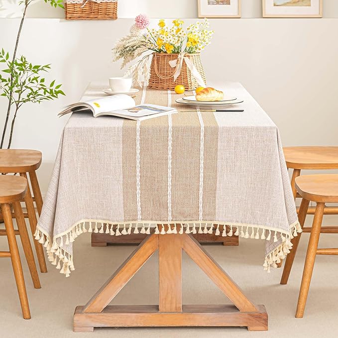 SIELUNO Farmhouse Tablecloth Cotton Linen Waterproof Burlap Table Cloth Rectangle Table Cloths for Kitchen Dinning Tabletop Decoration-Coffee Stripe-Rectangle, 55''x70'', 4-6 Seats