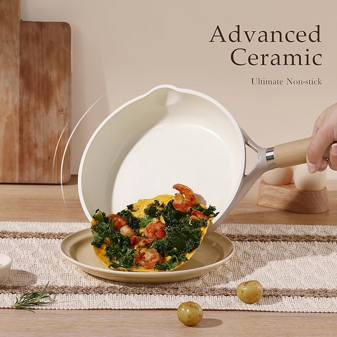CAROTE 8" Ceramic Frying Pan with Lid, Non Stick Frying Pan Skillet Chef's Pan, Healthy & PFOA/PFAS Free, Induction-Compatible, Taupe