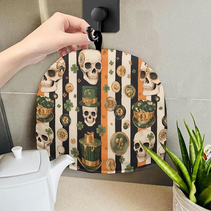 Human Skull Tea Cozies Soft Tea Cozy for Teapot Insulated for Women,Dust Proof Green Top Hat Gold Coin Teapot Insulation Cover Breakfast Warmer