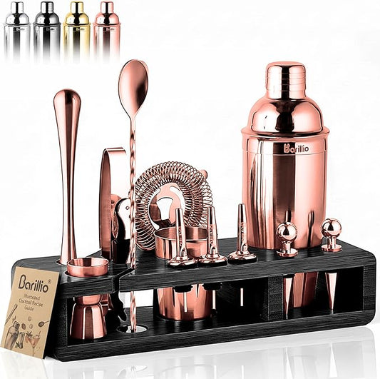 Barillio Rose Gold Bartender Kit - Stainless-Steel Cocktail Shaker Set w/Black Bamboo Stand - Mixology Bar Tools w/Drink Shaker, Mixer, Muddler for Cocktails - Home Bar Accessories - 23-Pc Bar Set
