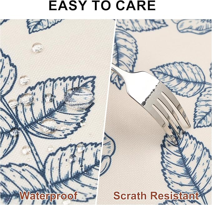 French Vintage Floral Tablecloth Rectangle, Heavy Duty Linen Table Cloth with Blue Flowers and Leaves Pattern, Waterproof Table Cover with lace for Dining Party Holiday, 55''x 70''