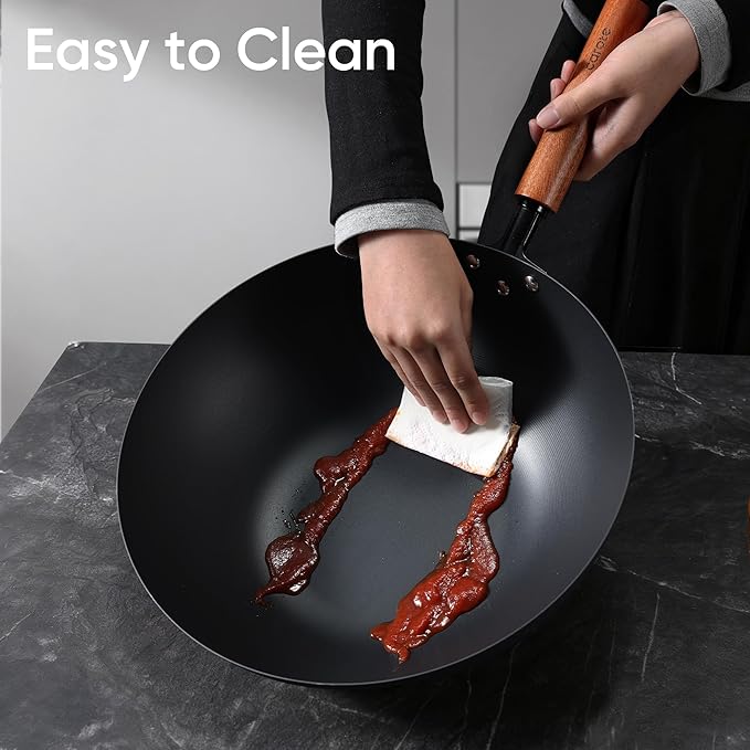CAROTE 12.5" Carbon Steel Wok Pan, 6.5QT Woks & Stir-fry Pans Nonstick, No Chemical Coated Pre-Seasoned Flat Bottom Wok with Lid for Stir Fry, Chinese Cast Iron Wok Cooking Pan All Stovetop Compatible