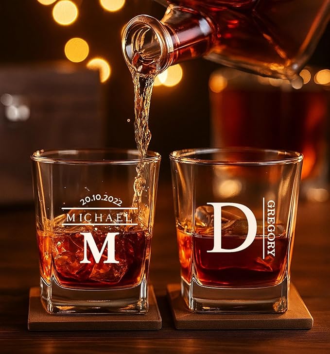 Personalized Whiskey Glass Gift Set – 10.25 oz Engraved 1 Bourbon Glass & 3 Stones & 1 Wooden Coaster with Wooden Box,Old Fashioned Cocktail Glass, Groomsmen & Father’s Day Gift.