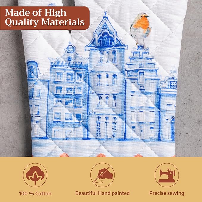 Maison d' Hermine Oven Gloves 100% Cotton Oven Mitt 7" x 13" with Loop Heat Resistant, BBQ, Cooking Gloves, Baking, Grilling, Kitchen, Handling Hot Pans Spring/Summer (Pack of 1, Amsterdam Canals)