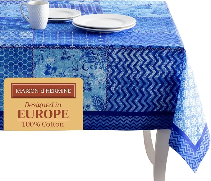 Maison d' Hermine Table Cloth Rectangle Table 100% Cotton 60 x 108 Inches Tablecloth Reusable Decorative for Dining Room Farmhouse Home Valentines Day Decorations Spring Summer - Indigo Love