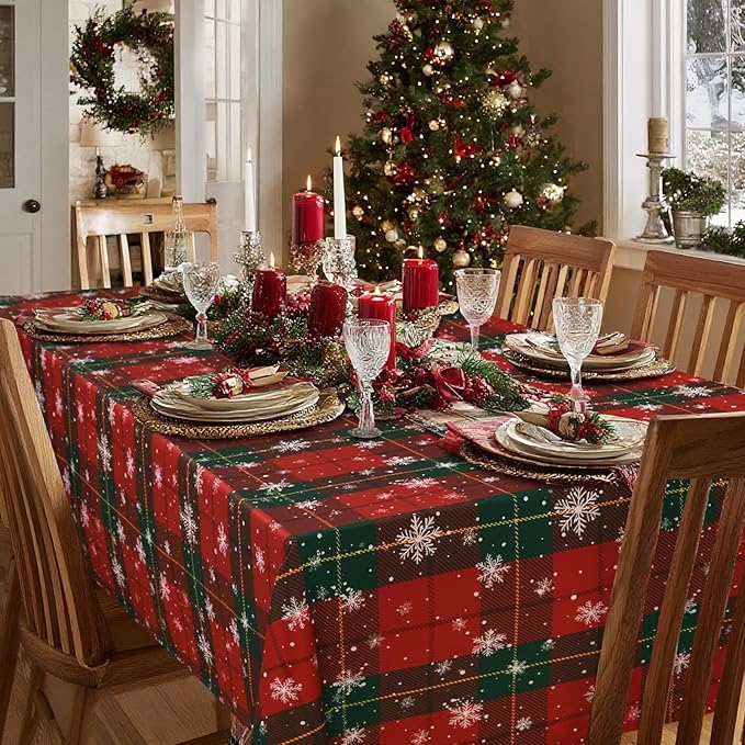 Hiasan Christmas Checkered Tablecloth - Stain Resistant, Waterproof and Wrinkle Resistant Washable Table Cloth for Party，Dining Room and Kitchen,60 x 84 Inch,Red and Green Gingham Snowflakes Printed