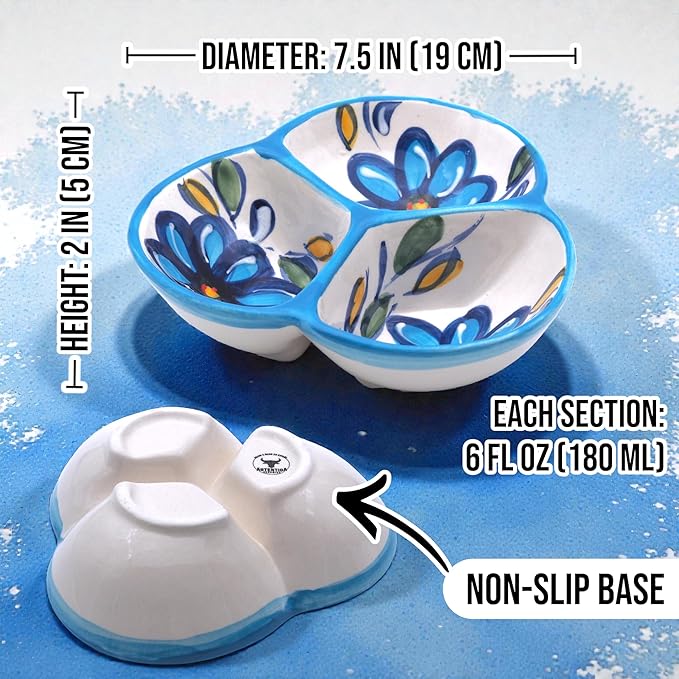 Ceramic Chip & Dip Bowl 7.5”, 3-Compartment Divided Serving Dish & Condiment Tray for Appetizers – Handmade in Spain, Lead-Free Glaze, Microwave, Oven & Dishwasher Safe