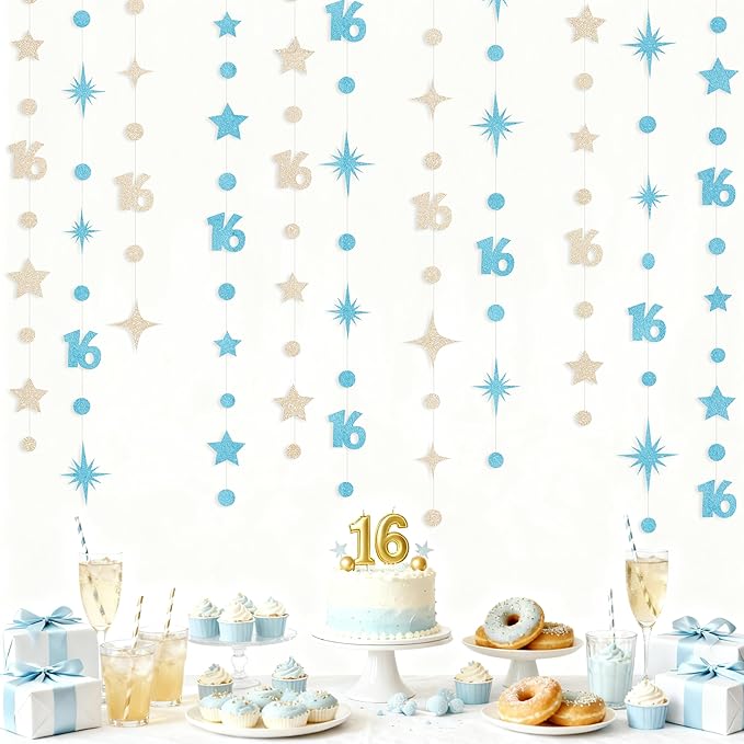 Champagne Gold Blue 16th Birthday Decorations Number 16 Circle Dot Star Garland Glitter Streamer Banner Backdrop for Girls Boys Sweet Sixteen Cheers to 16 Years Old Happy 16th Birthday Party Supplies