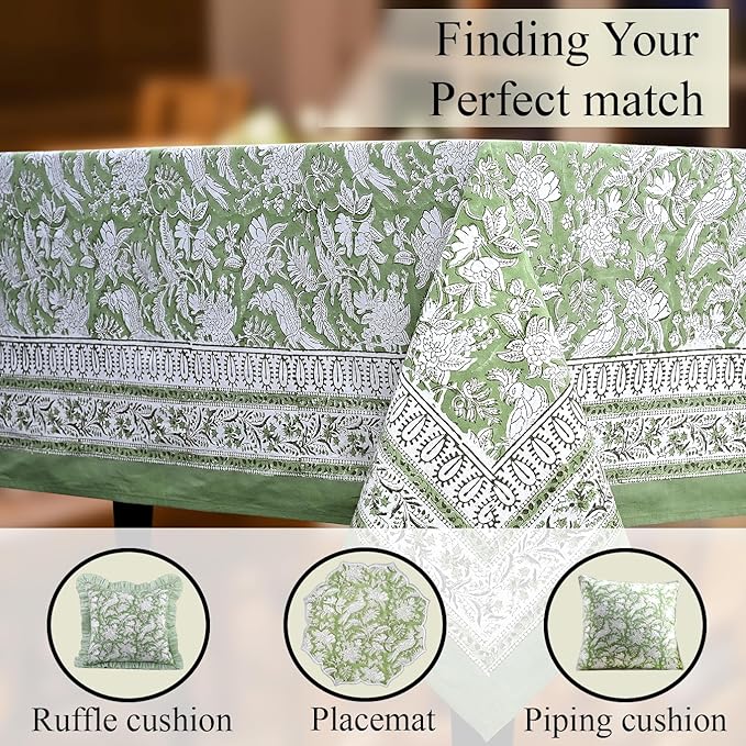 CPC Tablecloth 100% Cotton 72x160 Inch Indian Block Print Rectangle Table Cover, Blue Table Cloth for Weddings, Spring/Summer, Barbeque - Olive Green