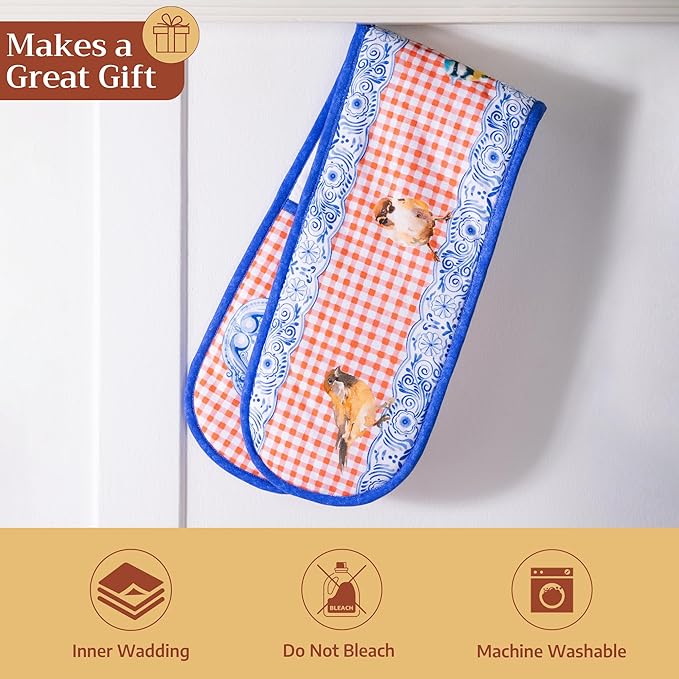 Maison d' Hermine Double Oven Mitts 100% Cotton 7"x35" Double Oven Mitt Heat Resistant BBQ Cooking Gloves with Loop, Baking, Grilling, Home, Kitchen, Handling Hot Pans Spring Summer (Amsterdam Canals)