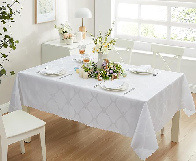 Newbridge Ribbons and Bows Damask Spring & Easter Holiday Fabric Tablecloth, White, 52 x 70 Inch Rectangle, Wrinkle & Stain Resistant Table Cover